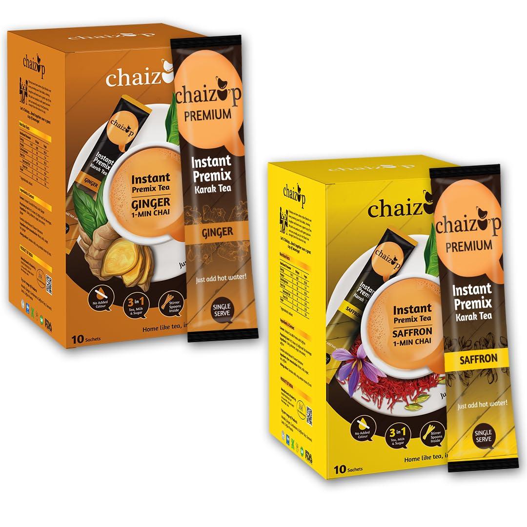 Chaizup Premium 1 Min Instant Assorted Tea Pack - 20 Sachets | Ginger & Saffron Flavours | 20 Servings | 2 Packs (10 Flavours Each) | 280g