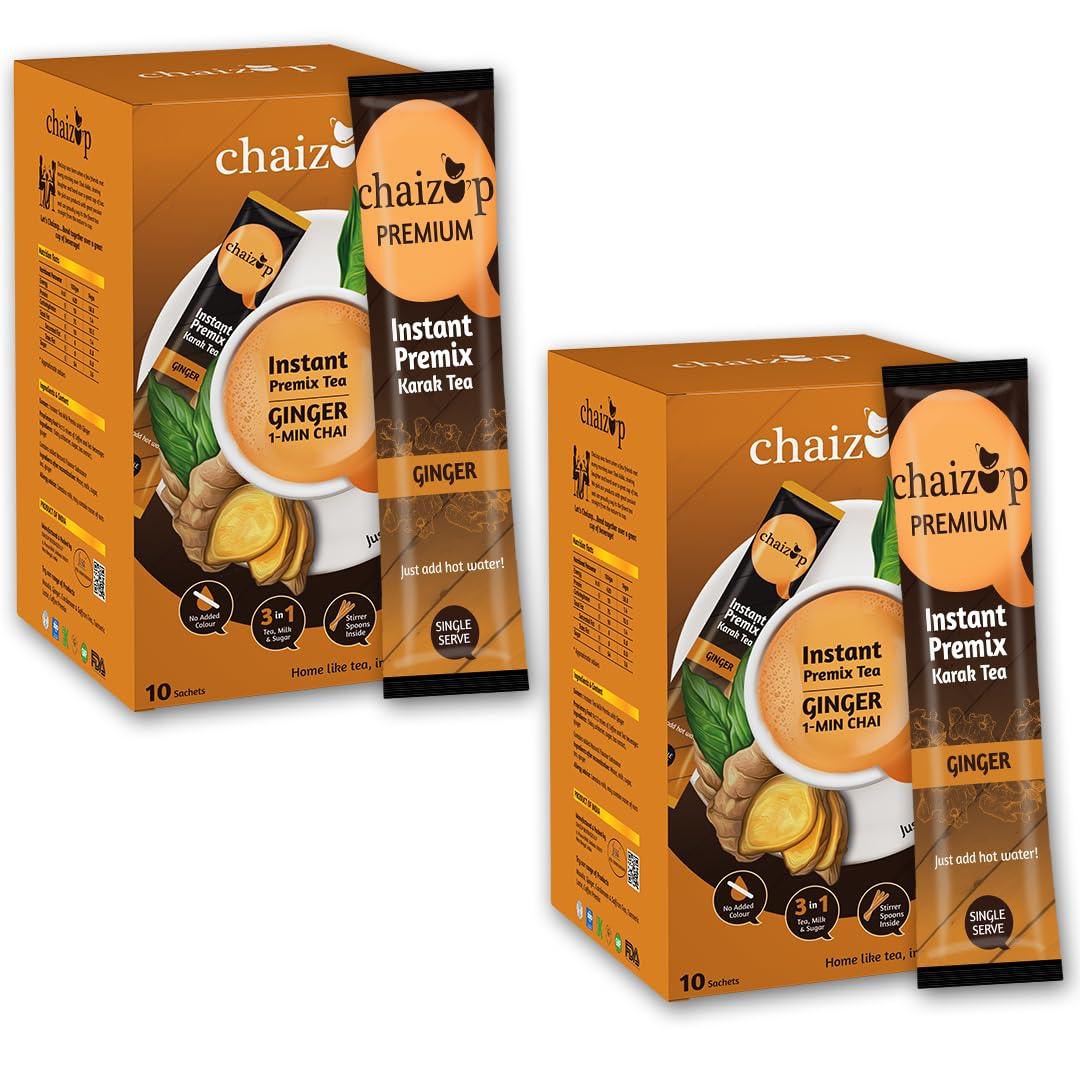 Chaizup Premium 1 Min Instant Ginger Tea Premix - 20 Sachets | Ginger Flavours | 20 Servings | 280g (Pack of 2)