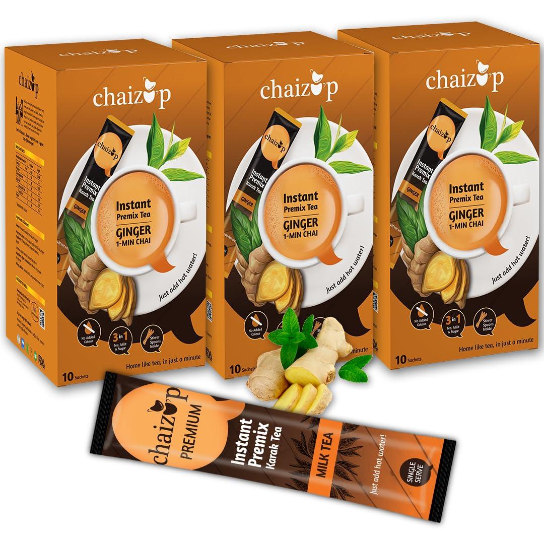 Chaizup Premium 1 Min Instant Ginger Tea Premix - 30 Sachets | Ginger Flavours | 30 Servings | 420g (Pack of 3)