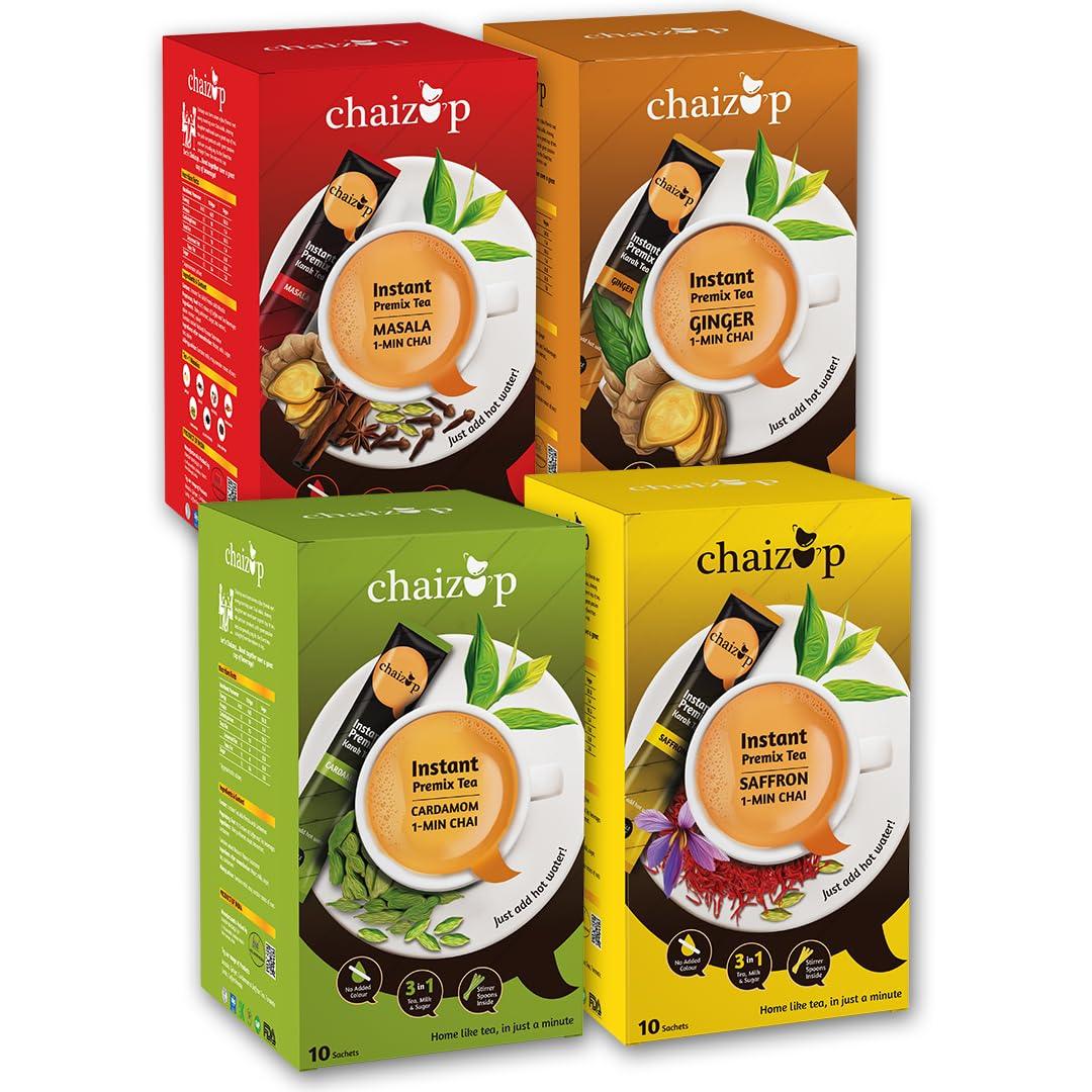 Chaizup Premium 1 Min Instant Assorted Tea Pack - 40 Sachets | Cardamom, Ginger, Masala, Saffron Flavours | 40 Servings | 4 Packs (10 Flavours Each) | 560g