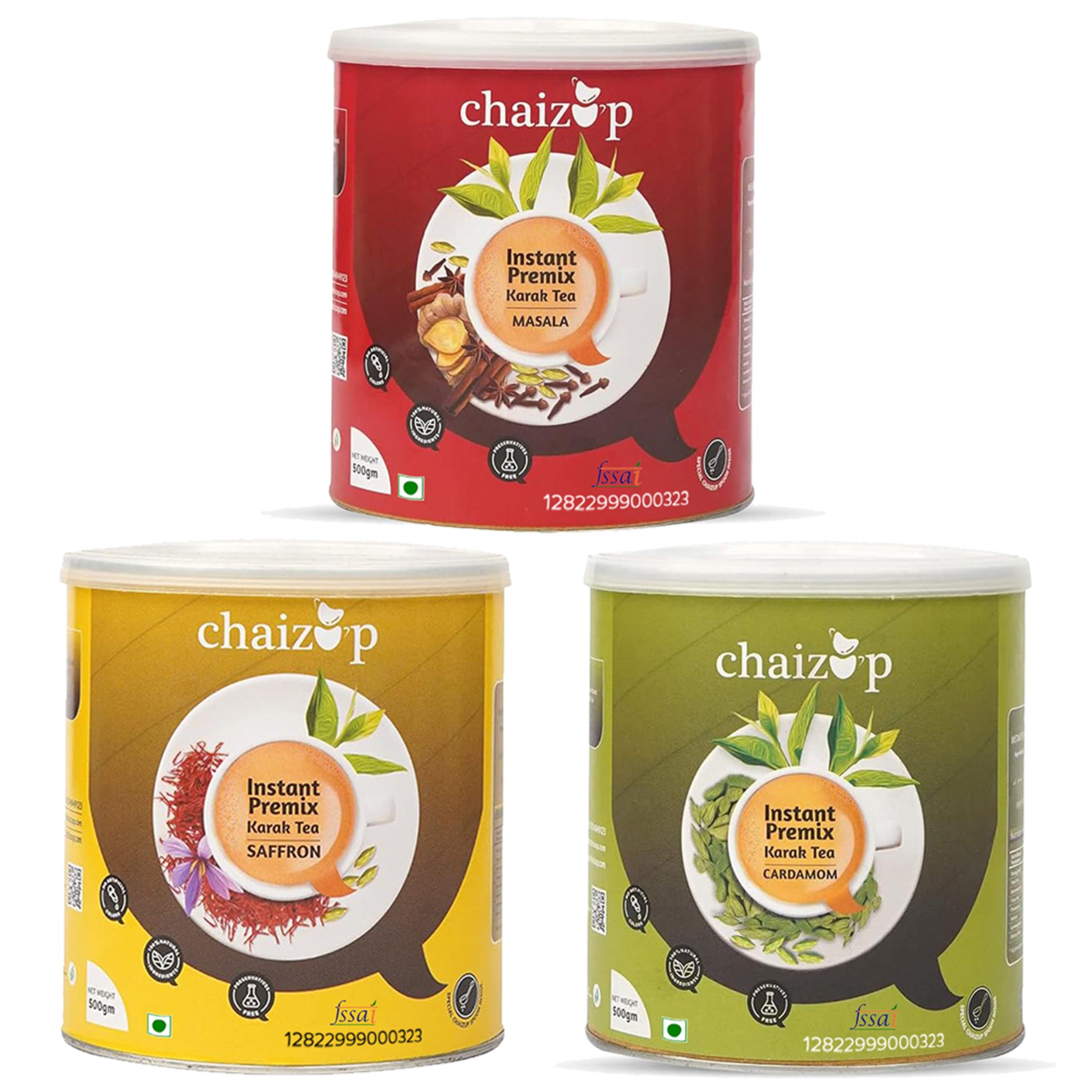 Chaizup Premium 1 Min Instant Assorted Tea Pack - 500g Cans (Pack of 3) | Masala, Saffron & Cardamom Flavours | Approx. 108 Servings | 1500g