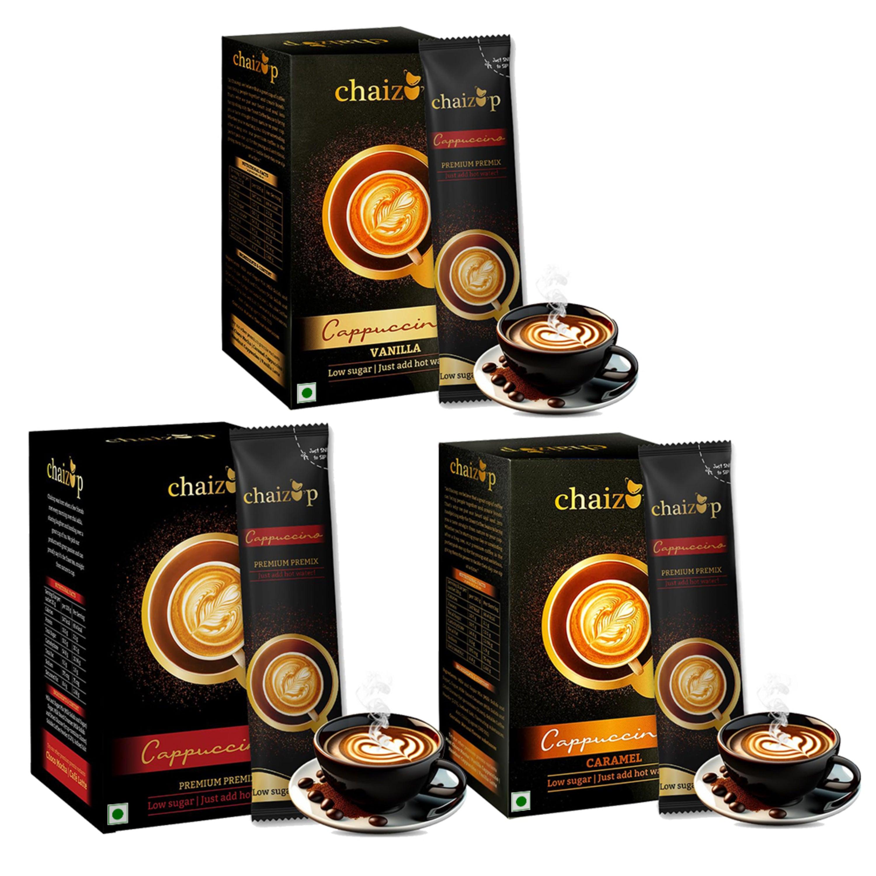Chaizup Premium 1 Min instant Assorted Coffee Pack - 18 sachets| Caramel , Vanilla & Cappuccina Flavours | 18 Servings | 3 Packs (6 Flavours Each) 360g