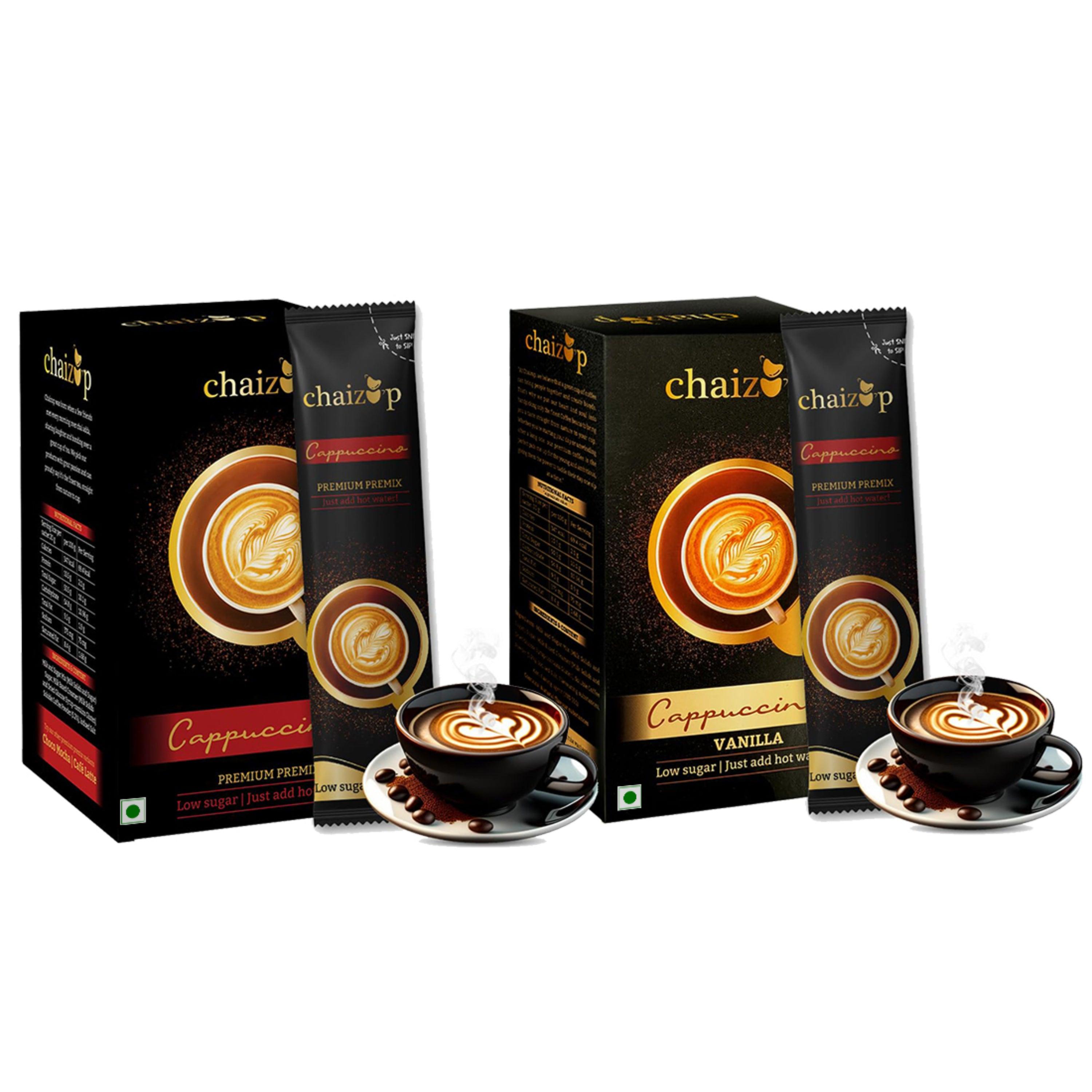Chaizup Premium 1 Min Instant Assorted Coffee Pack - 12 Sachets | Cappuccino & Vanilla Flavours | 12 Servings | 2 Packs (6 Sachets Each) | 240g