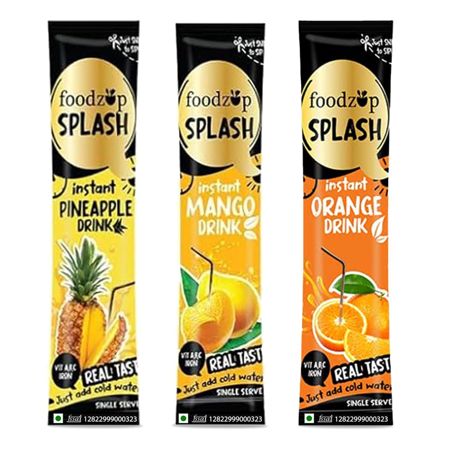 Foodzup Splash 1 Min Instant Assorted Fruit Drink - 90 Sachets | Mango, Pineapple, Orange Flavours | 90 Servings | 3 Packs (30 Sachets Each) | 1980g