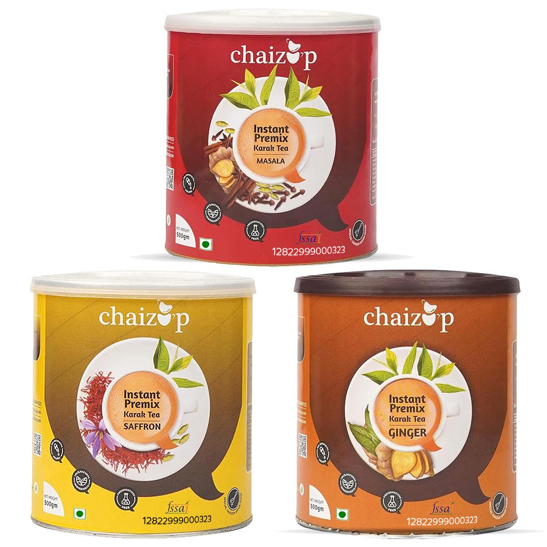 Chaizup Premium 1 Min Instant Assorted Tea Pack - 500g Cans (Pack of 3) | Masala, Ginger & Saffron Flavours | Approx. 108 Servings | 1500g