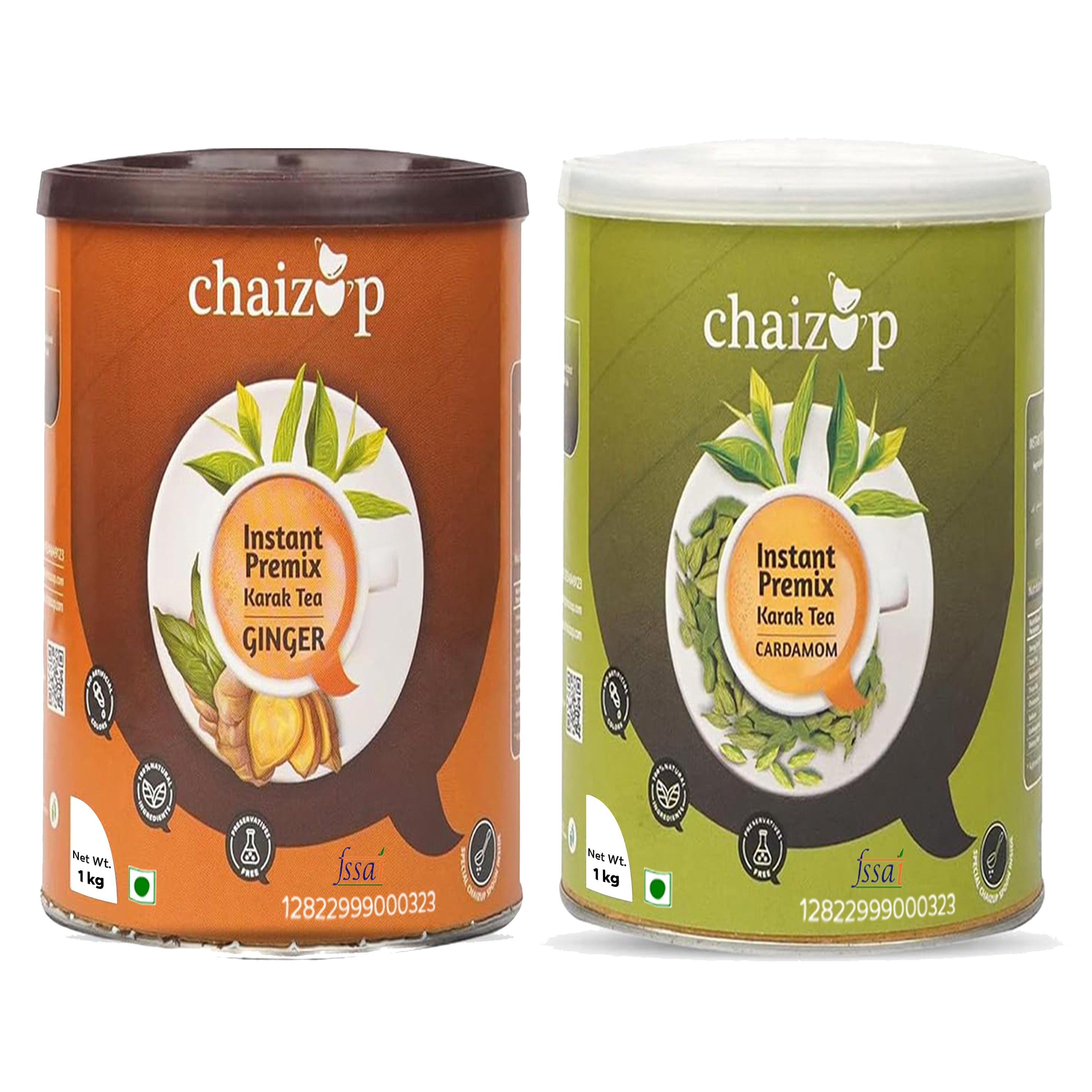 Chaizup Premium 1 Min Instant Assorted Tea Pack - 1kg Cans (Pack of 2) | Ginger & Cardamom Flavours | Approx. 144 Servings | 2kg