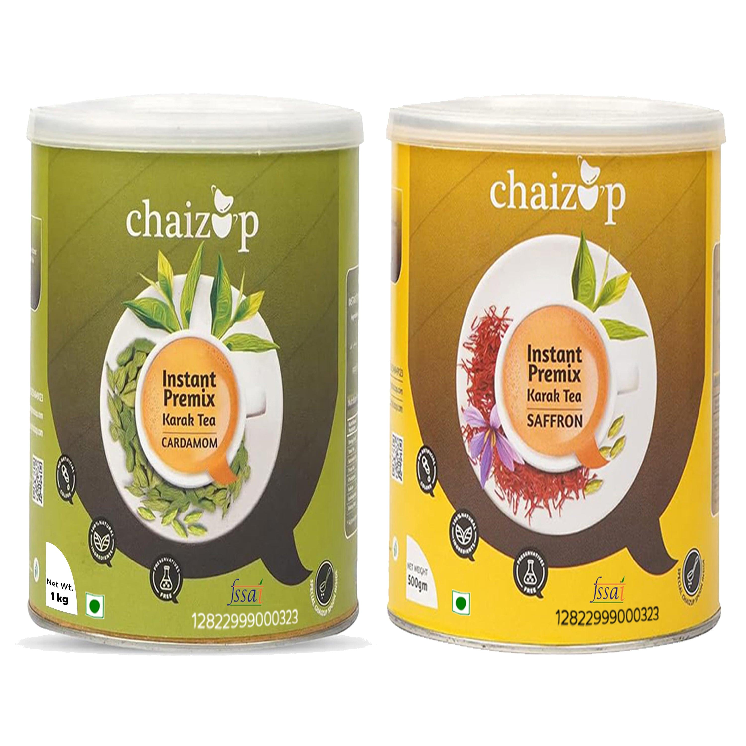 Chaizup Premium 1 Min Instant Assorted Tea Pack - 1kg Cans (Pack of 2) | Saffron & Cardamom Flavours | Approx. 144 Servings | 2kg
