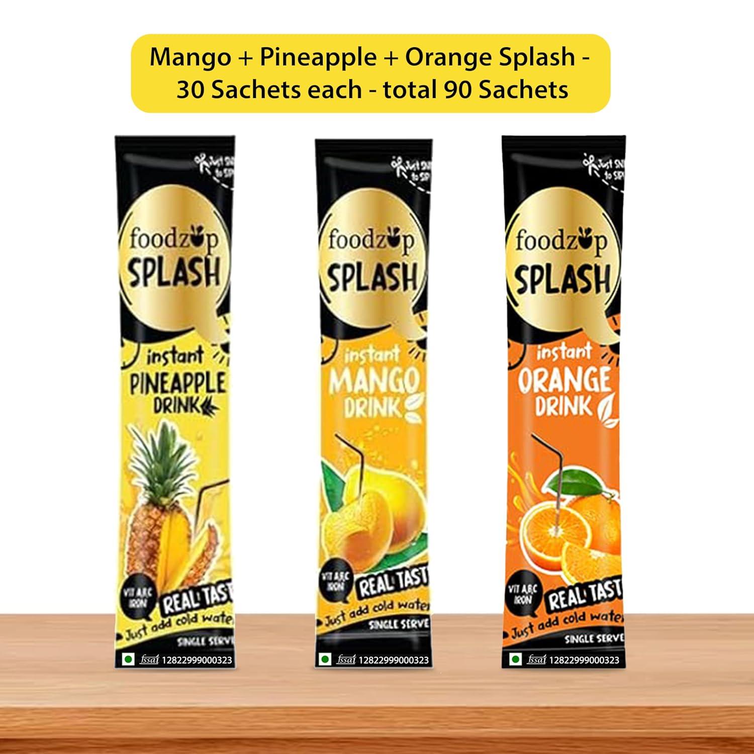 Foodzup Splash 1 Min Instant Assorted Fruit Drink - 90 Sachets | Mango, Pineapple, Orange Flavours | 90 Servings | 3 Packs (30 Sachets Each) | 1980g