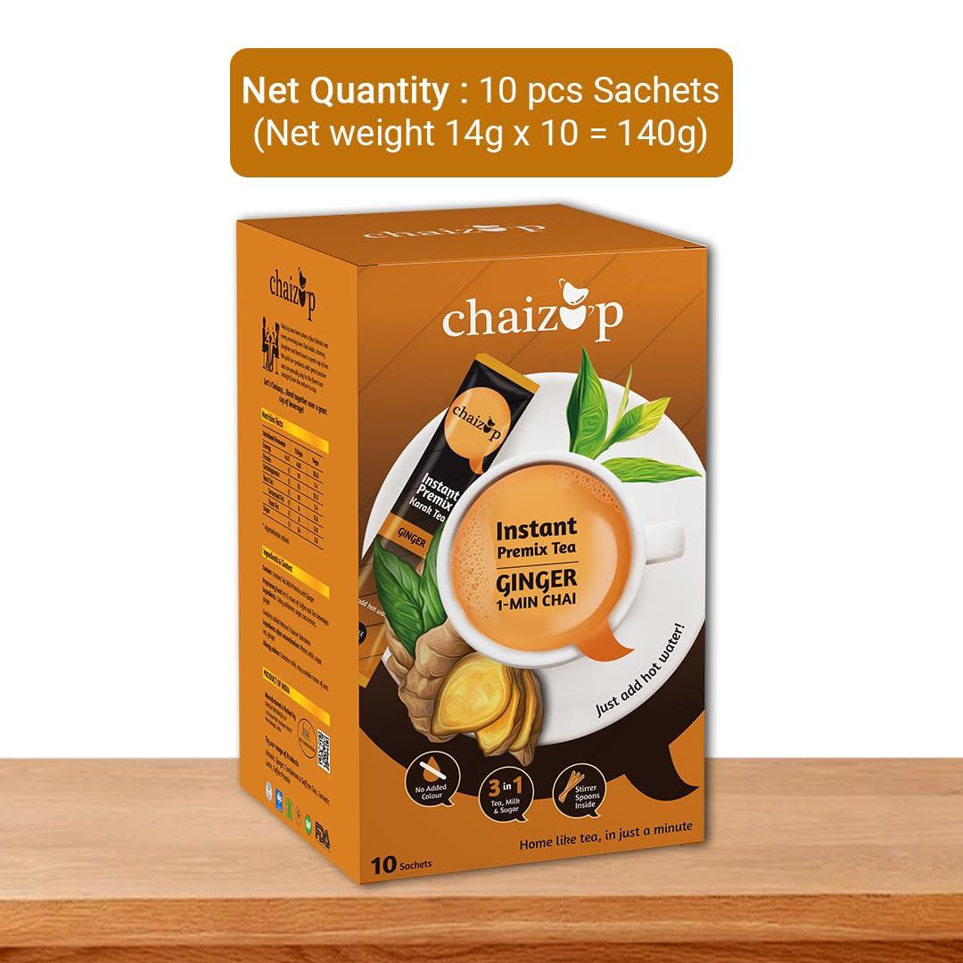 Chaizup Premium 1 Min Instant Assorted Tea Pack - 20 Sachets | Ginger & Saffron Flavours | 20 Servings | 2 Packs (10 Flavours Each) | 280g