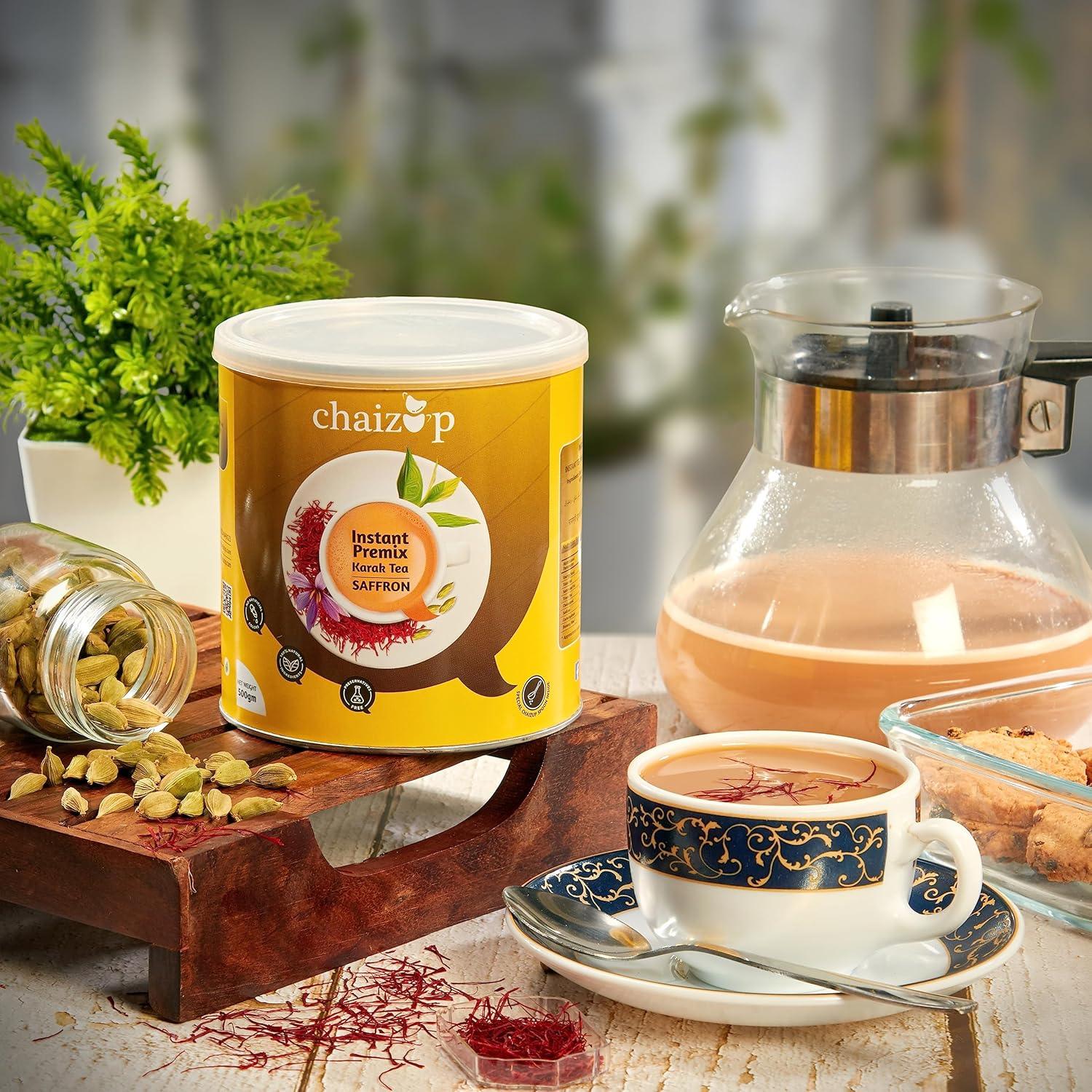 Chaizup Premium 1 Min Instant Saffron Tea Premix - 500g Can | Saffron Flavours | Approx. 35 Servings | 500g