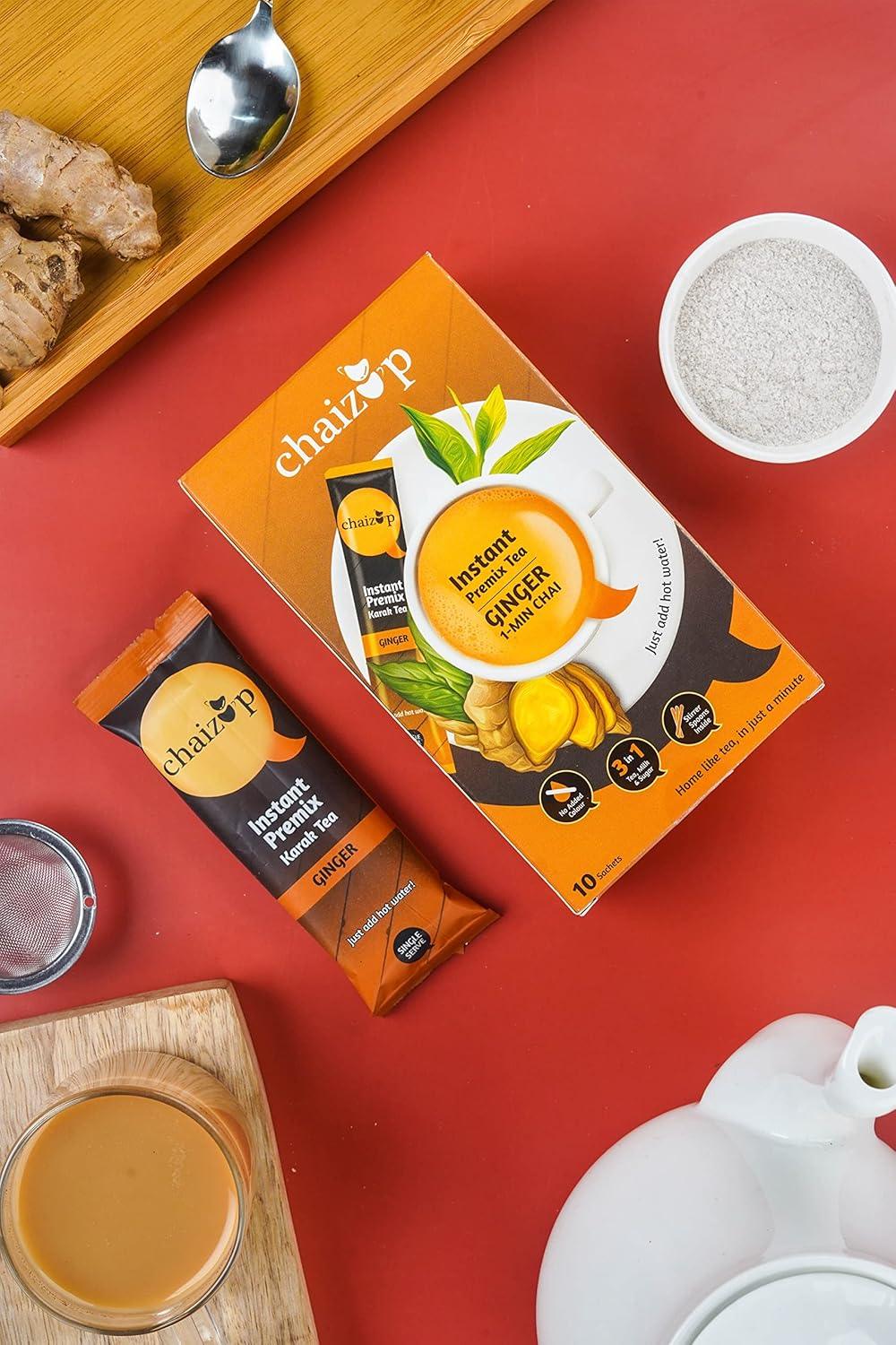 Chaizup Premium 1 Min Instant Ginger Tea Premix - 30 Sachets | Ginger Flavours | 30 Servings | 420g (Pack of 3)