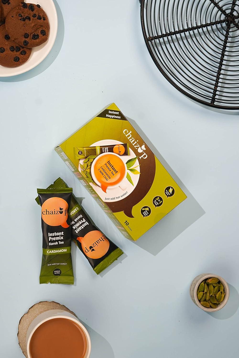 Chaizup Premium 1 Min Instant Cardamom Tea Premix - 20 Sachets | Cardamom Flavours | 20 Servings | 280g (Pack of 2)