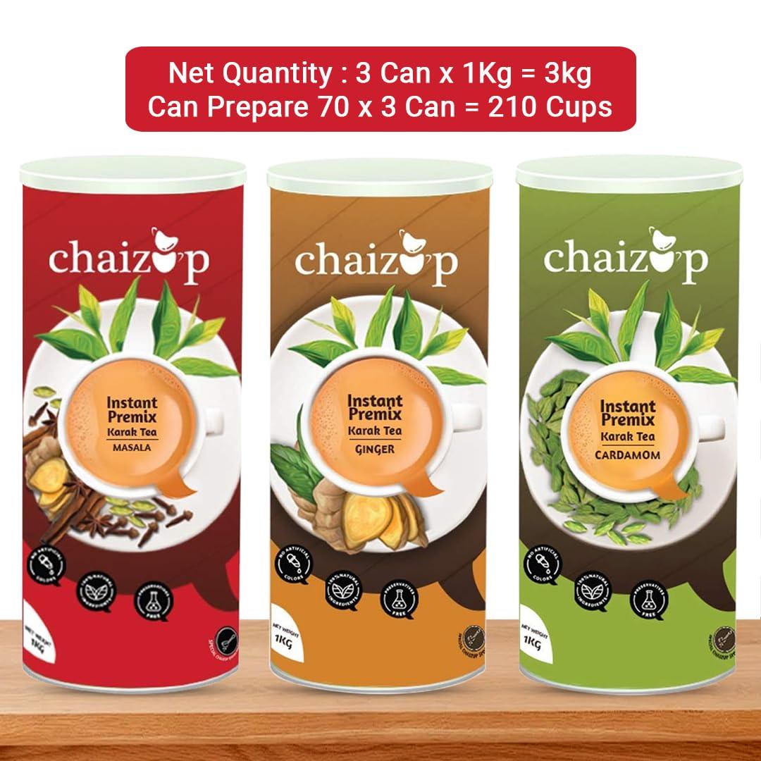 Chaizup Premium 1 Min Instant Assorted Tea Pack - 1kg Cans (Pack of 3) | Cardamom, Ginger, Masala Flavours | Approx. 214 Servings | 3kg