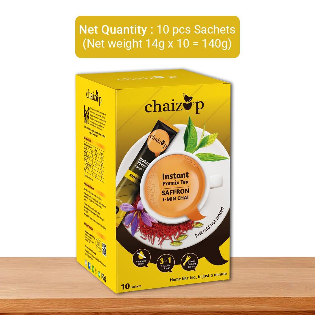 Chaizup Premium 1 Min Instant Assorted Tea Pack - 20 Sachets | Ginger & Saffron Flavours | 20 Servings | 2 Packs (10 Flavours Each) | 280g