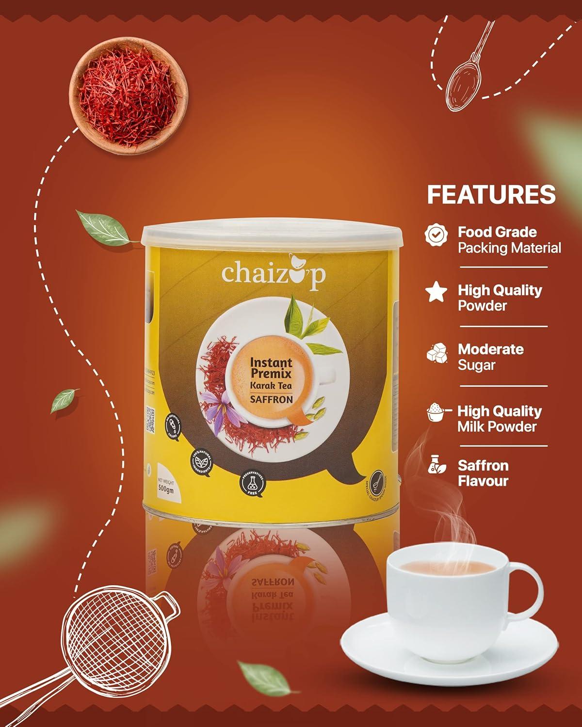 Chaizup Premium 1 Min Instant Saffron Tea Premix - 500g Can | Saffron Flavours | Approx. 35 Servings | 500g