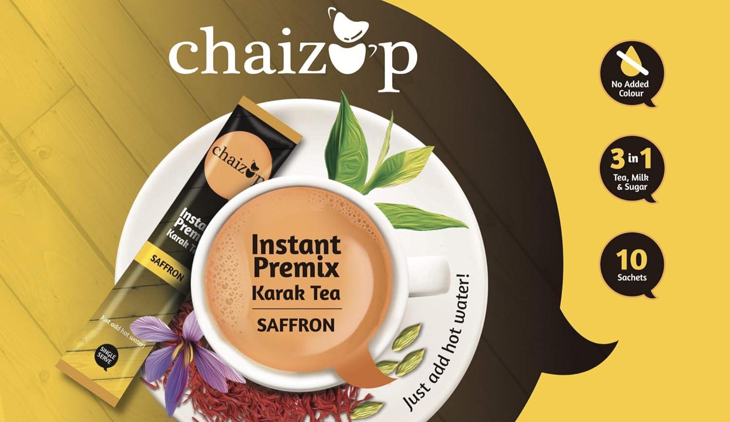 Chaizup Instant Premix Saffron Chai | 30 Sachets - 30 Serves | 3 Mono Box | Instant Premix Tea | Premix Tea Powder | Ready To Drink