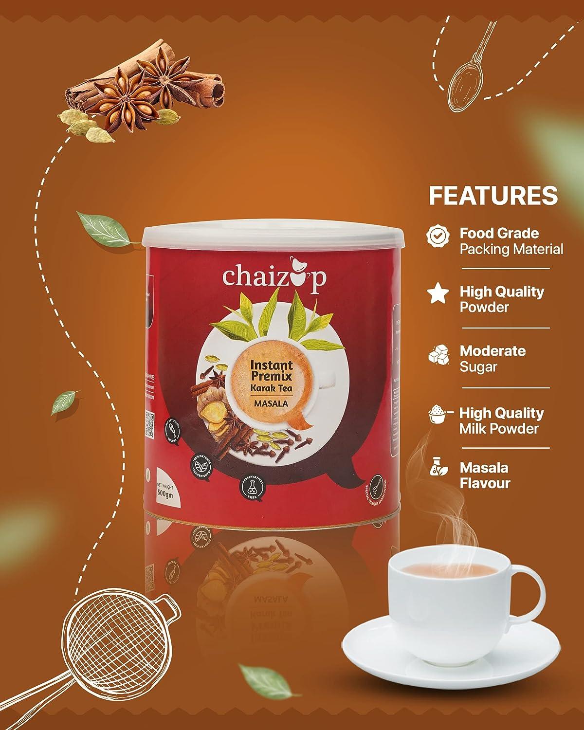 Chaizup Premium 1 Min Instant Masala Tea Premix - 500g Can | Masala Flavours | Approx. 35 Servings | 500g