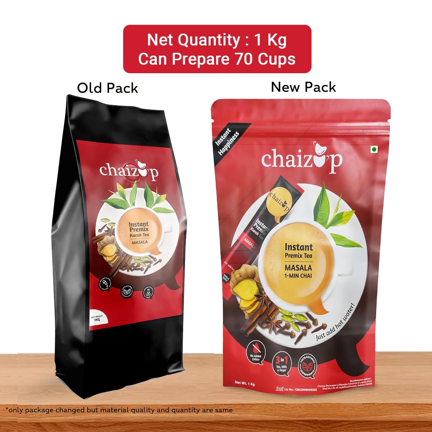 Chaizup Premium 1 Min Instant Masala Tea Premix - 1kg Poly | Masala Flavours | Approx. 72 Servings | 1kg