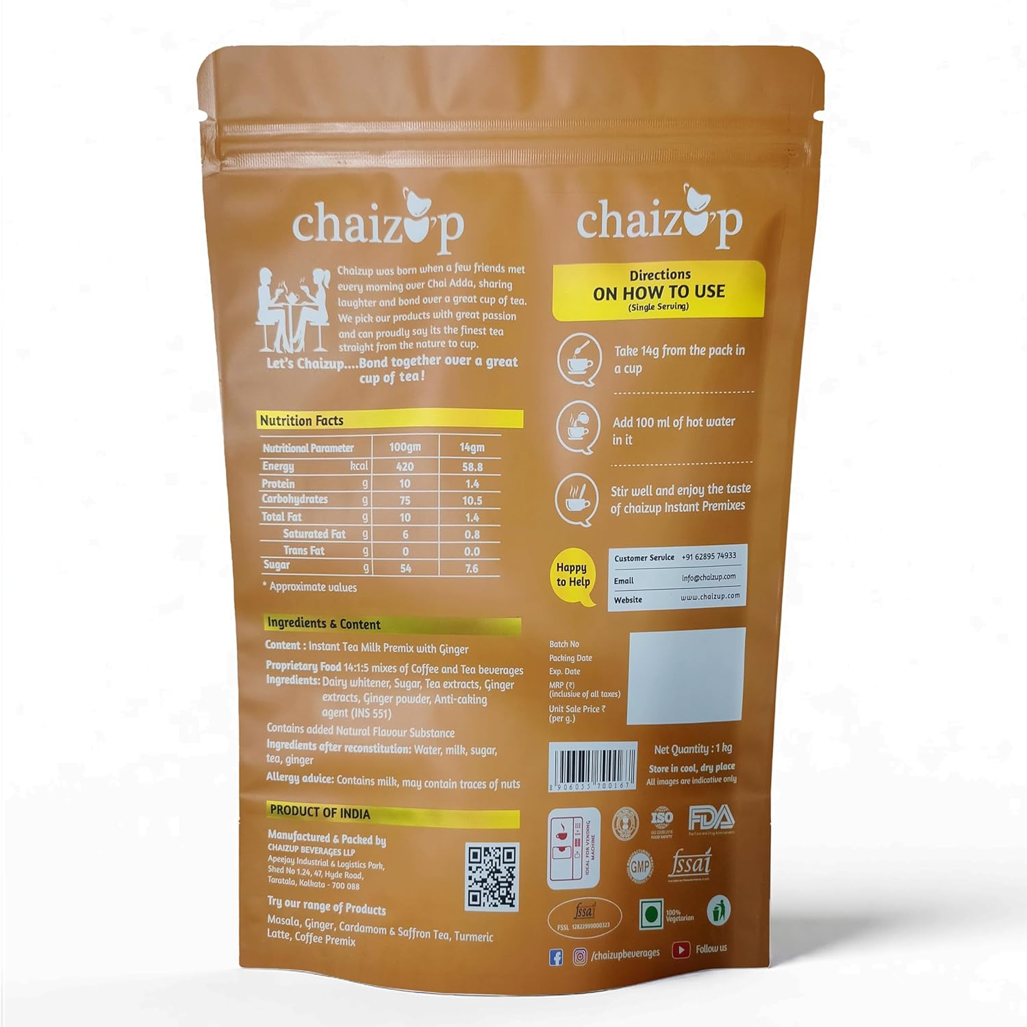 Chaizup Daily 1 Min Instant Adrak Tea Premix - 1kg Poly | Adrak Flavours | Approx. 72 Servings | 1kg