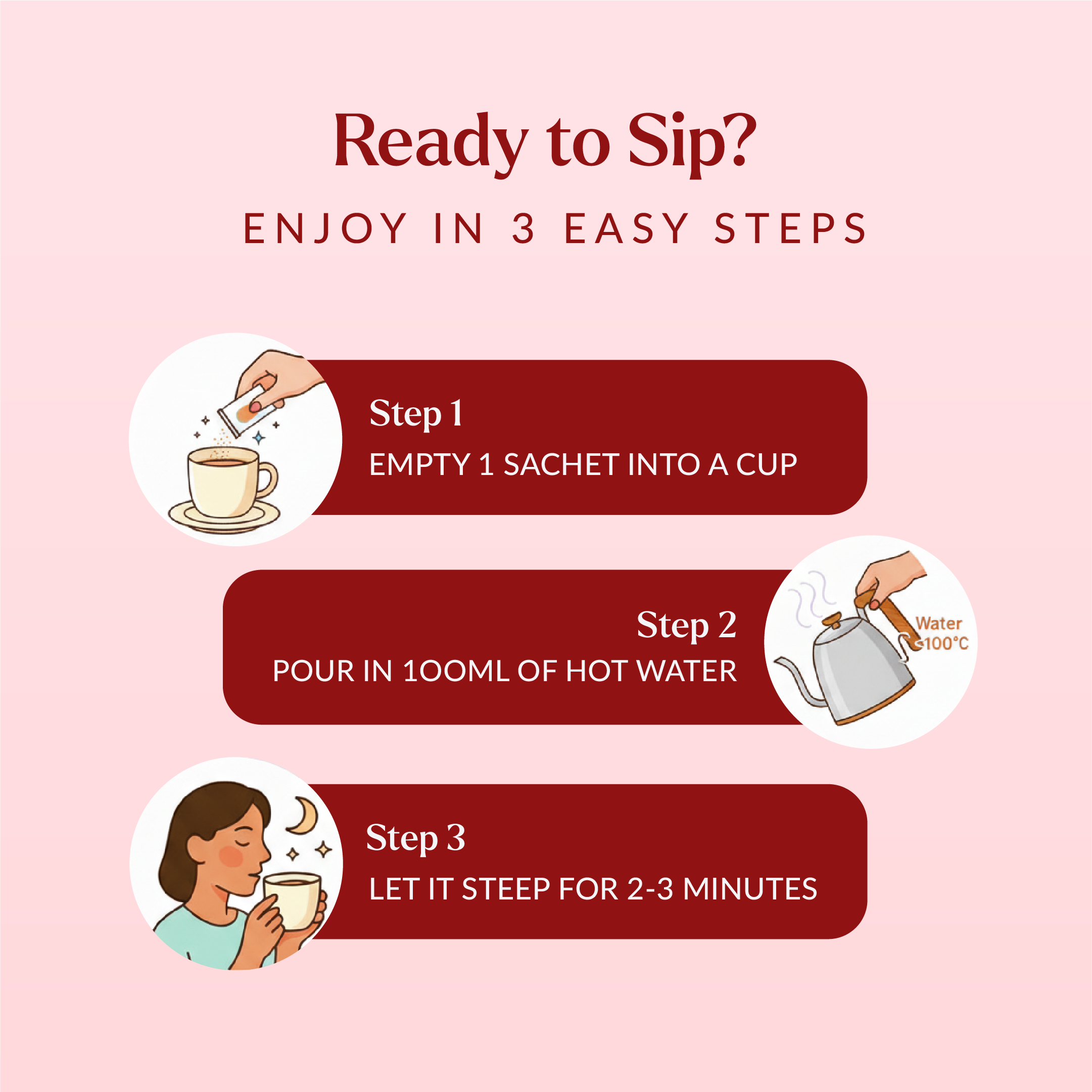 Instructions for making a hot beverage with illustrations and text on a pink background