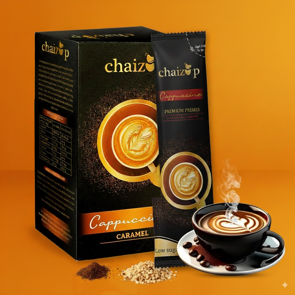 chaizup Cappuccino packaging with a cup of coffee on an orange background