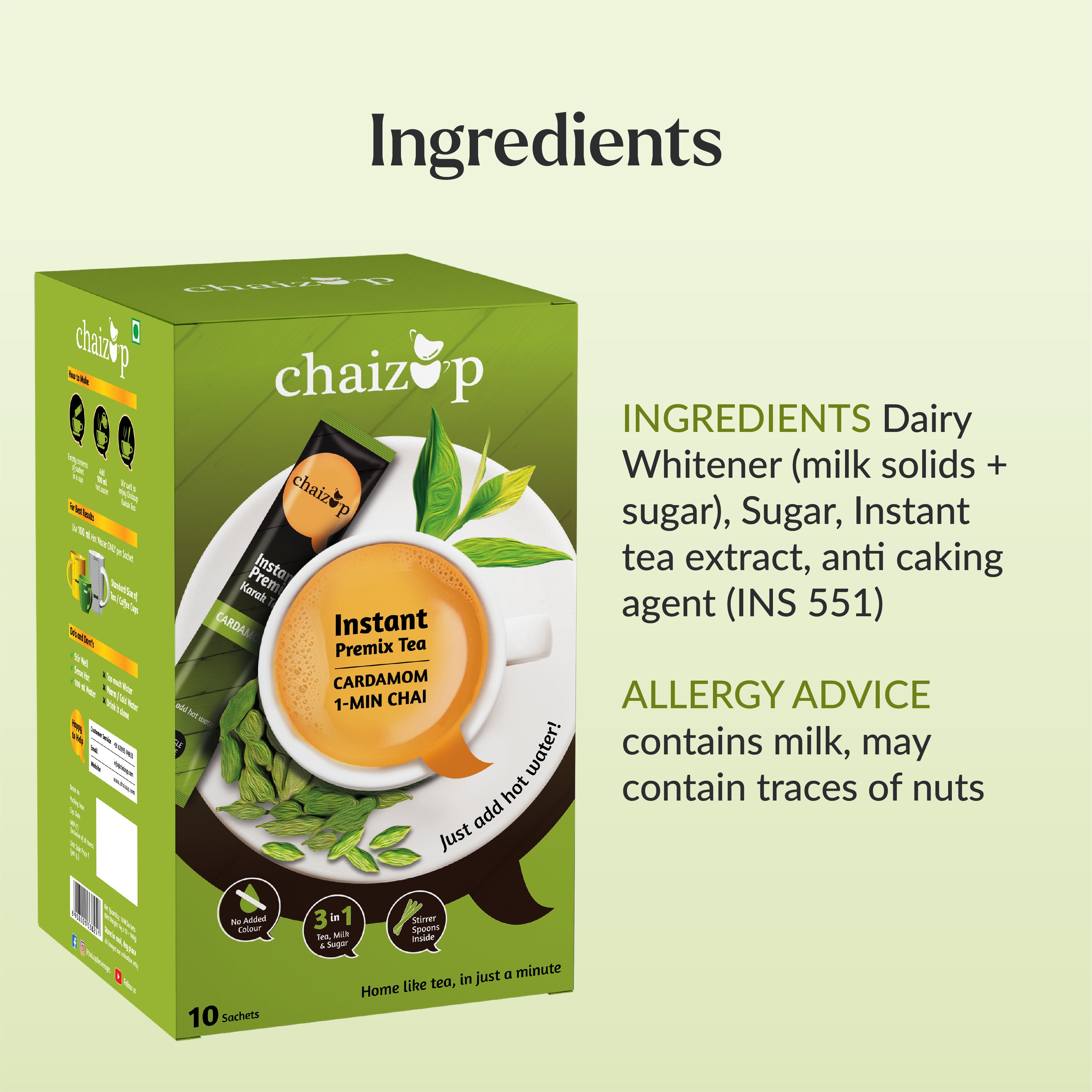 chaizup tea box with ingredients list on a light green background
