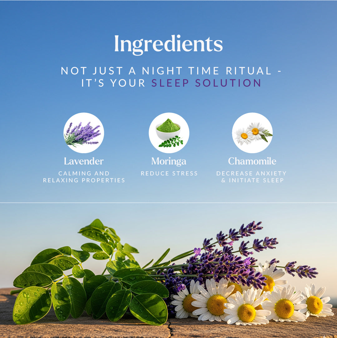 Ingredients for a sleep solution with lavender, moringa, and chamomile on a wooden surface with a blue sky background.