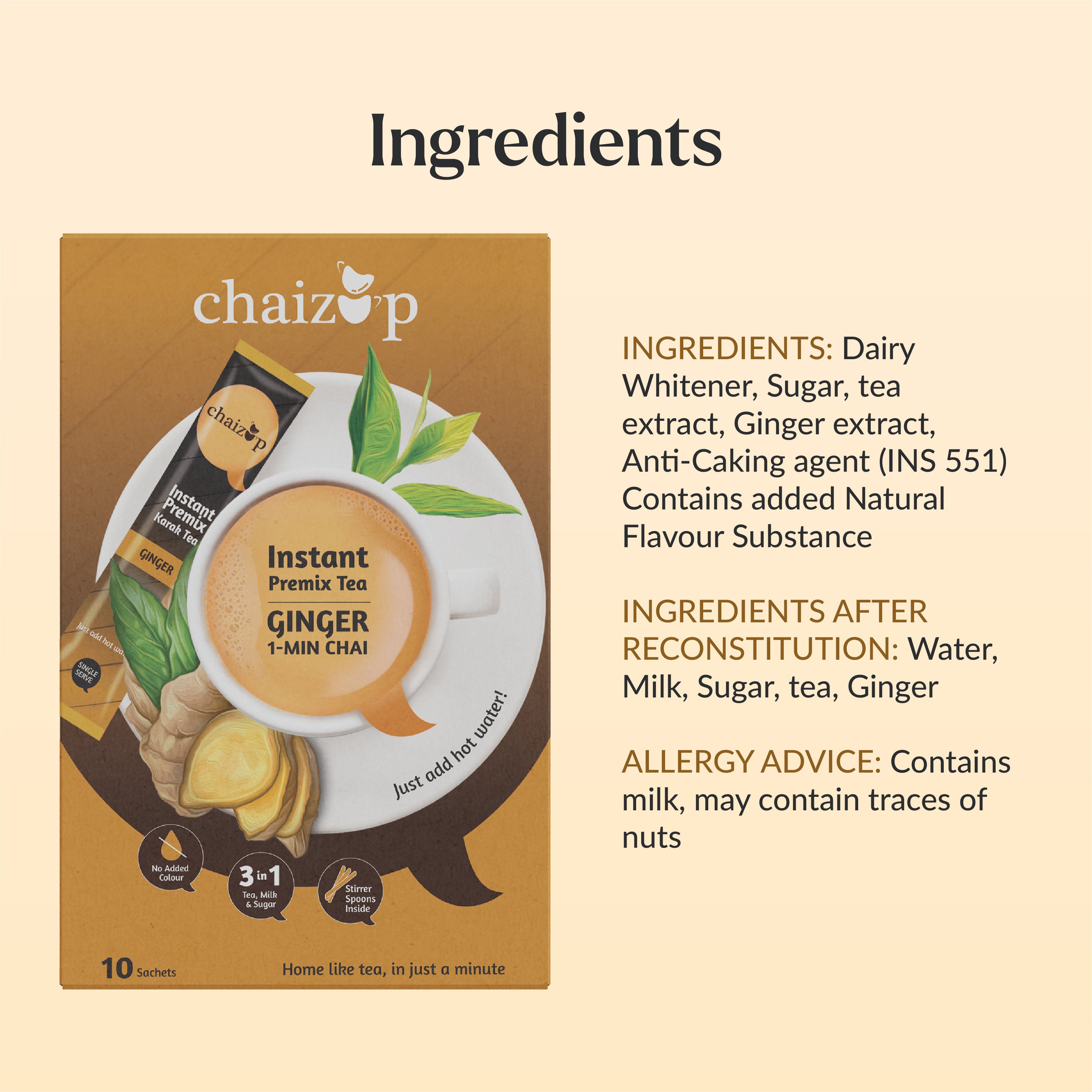 chaizap ginger instant premix tea packaging with ingredients list on a beige background