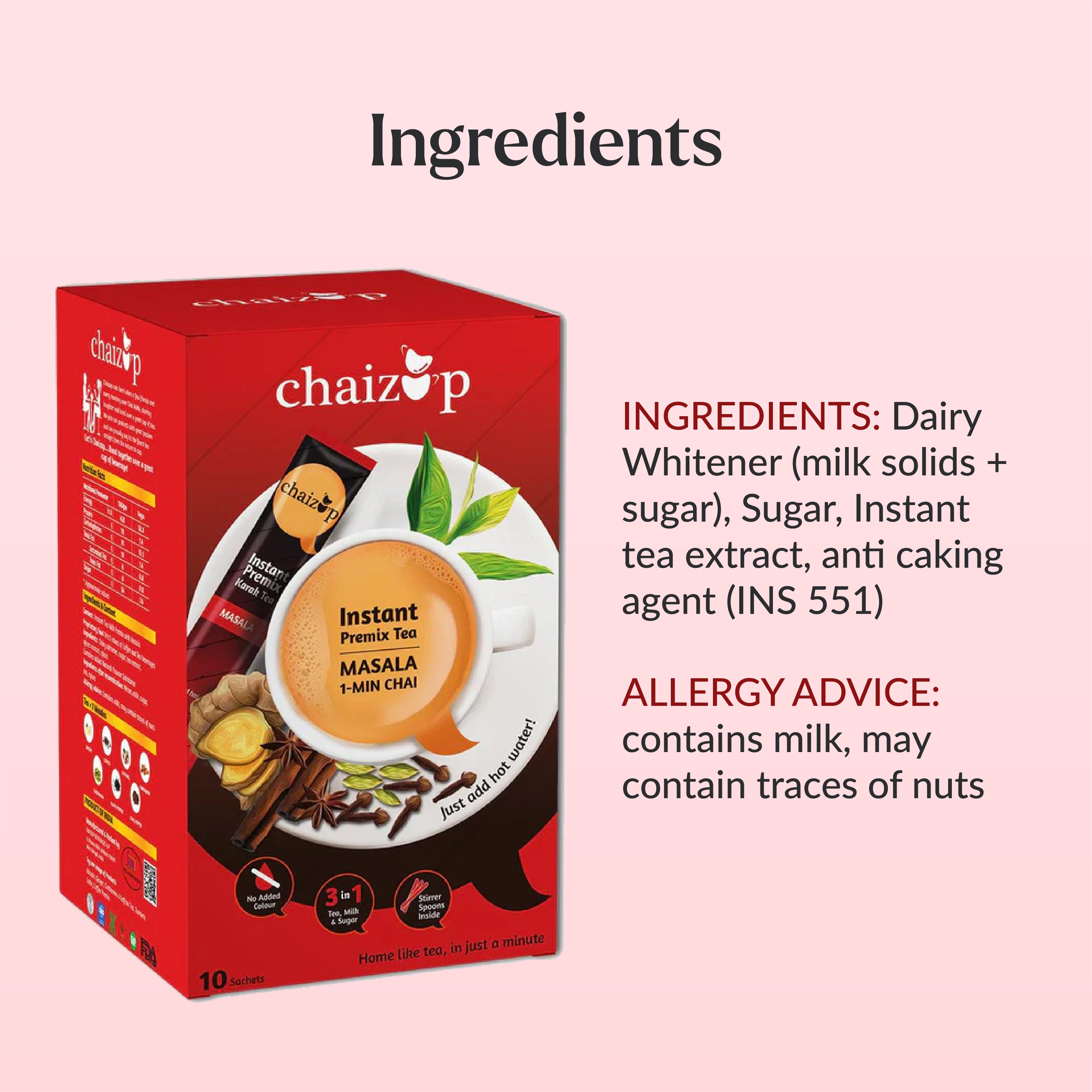 chaizup tea mix packaging with ingredients listed on a pink background