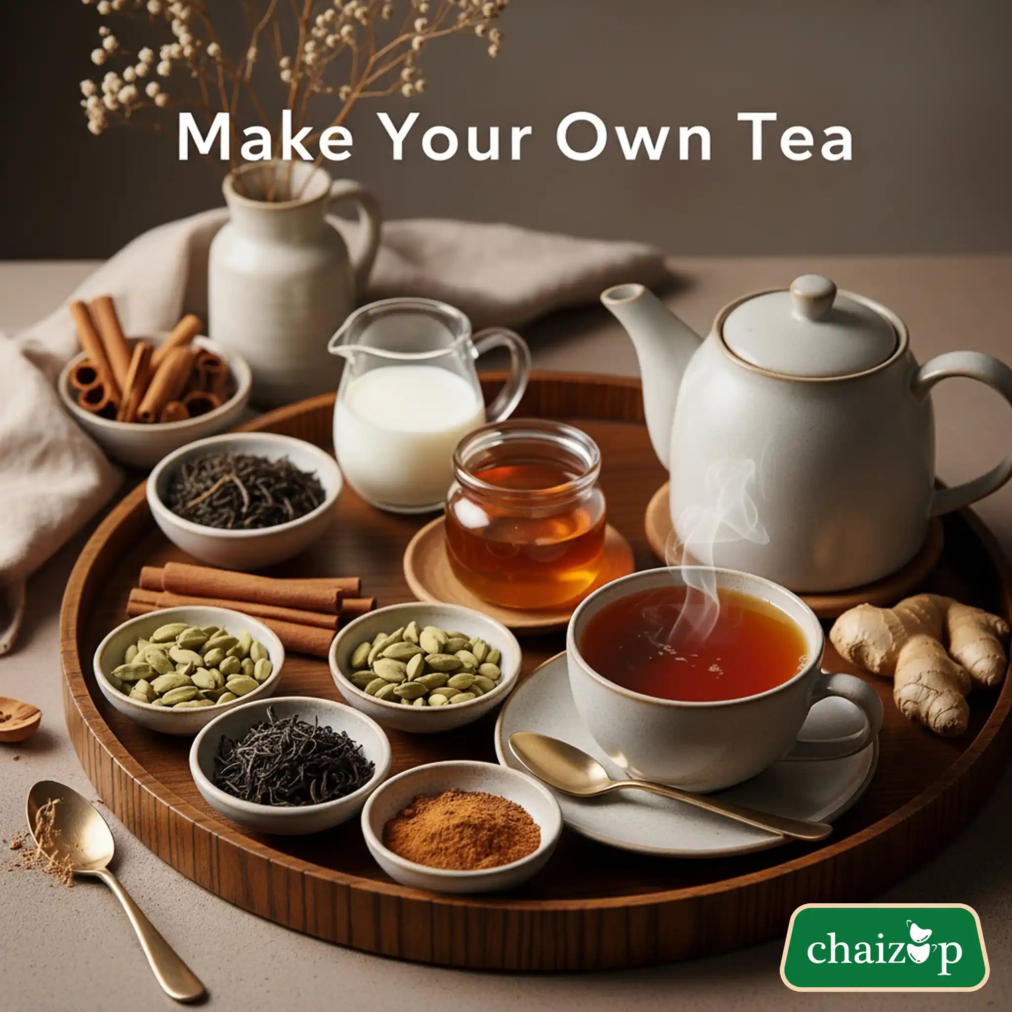 Tea-making setup with teapot, cups, and tea leaves on a wooden tray.