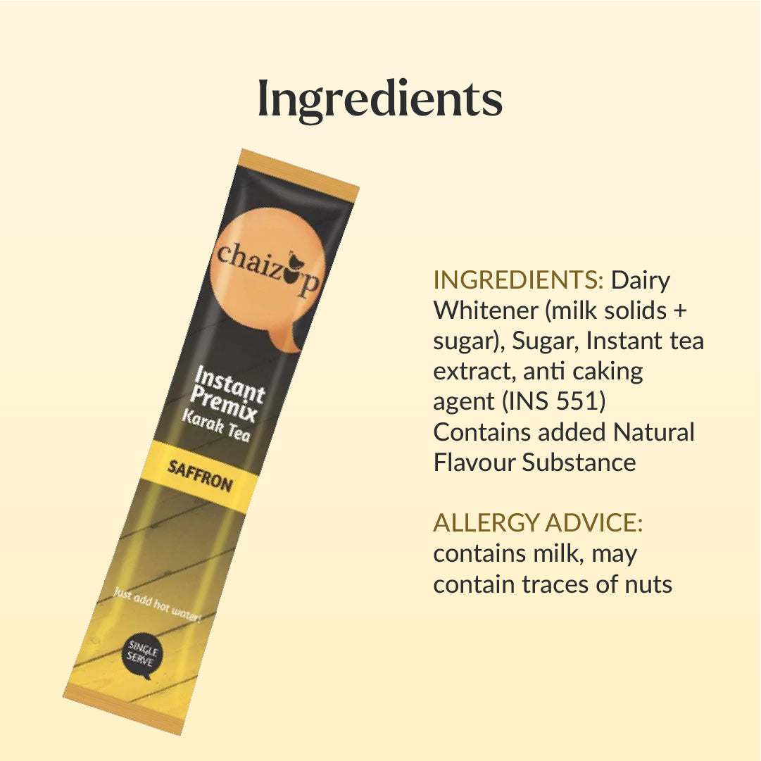 chaizup Instant Premix Karak Tea package with ingredients list on a beige background