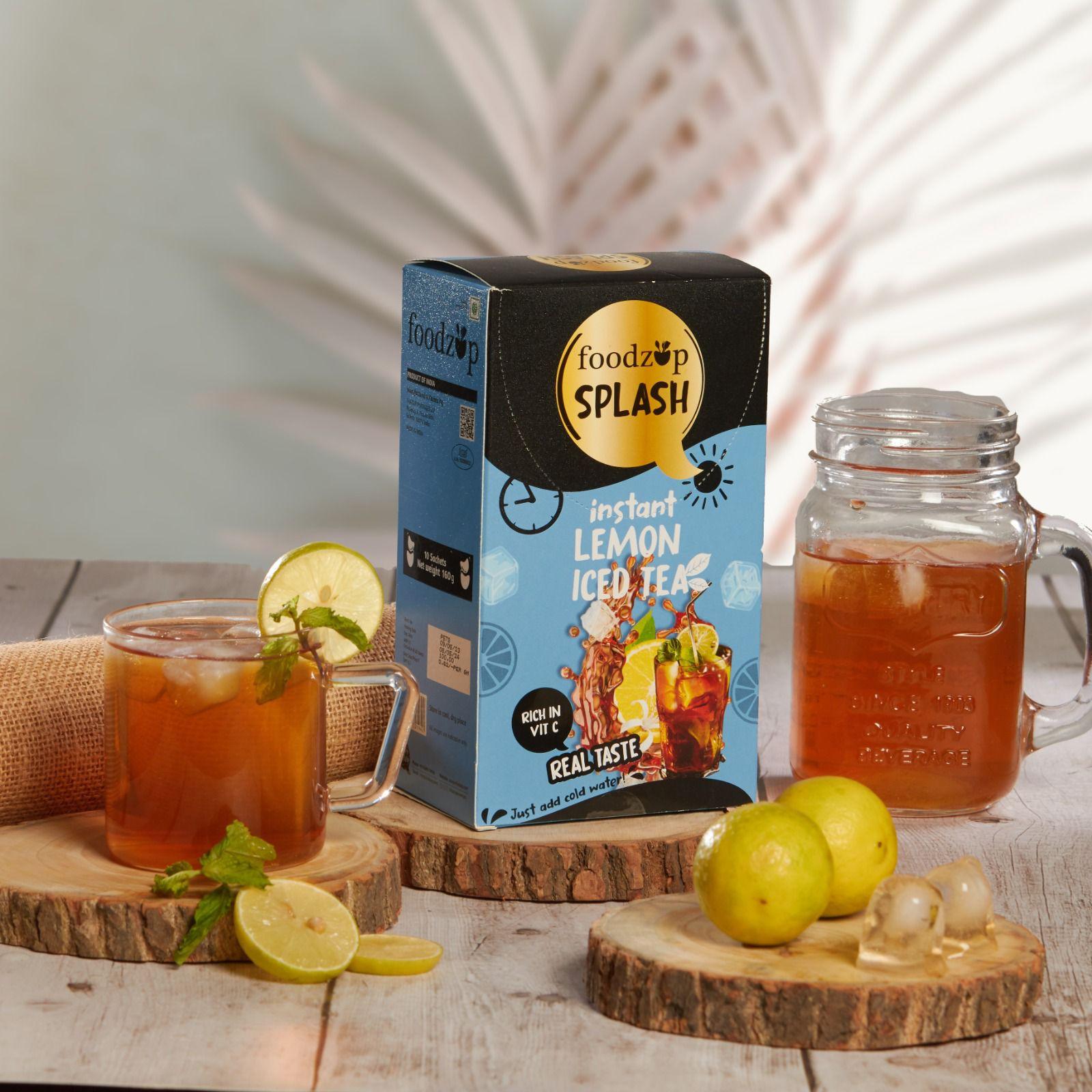 Foodzup Splash 1 Min Instant Lemon Iced Tea Drink - 10 Sachets | Lemon Iced Tea Flavours | 10 Servings | 160g