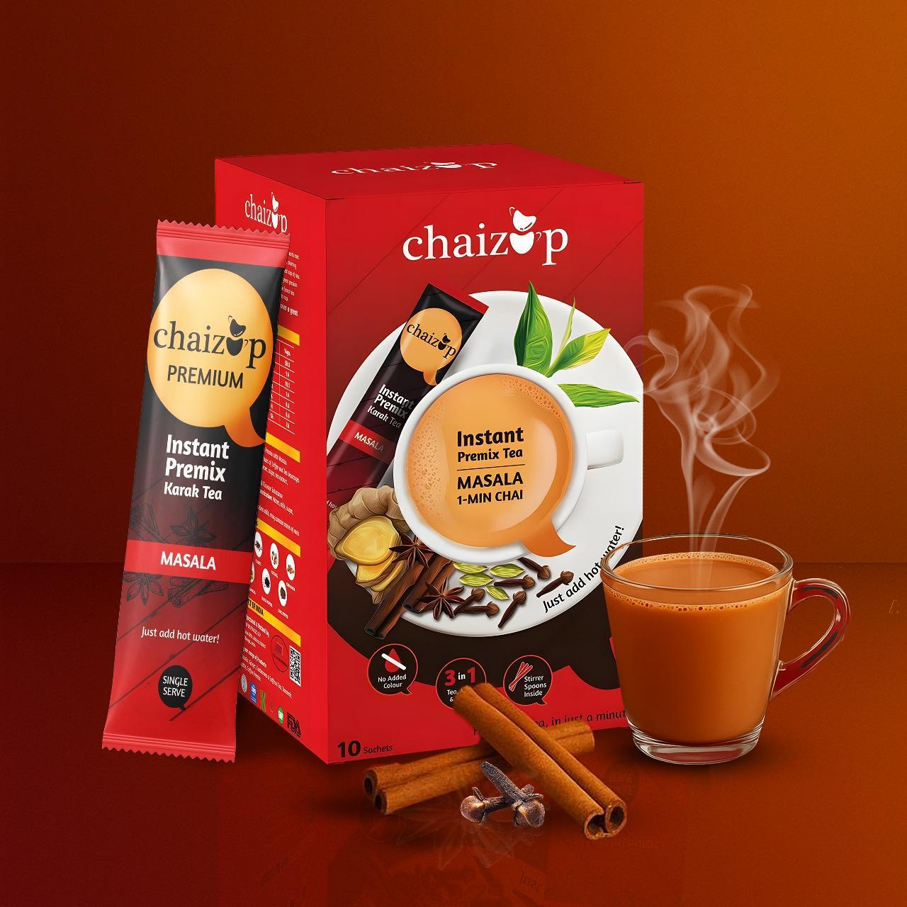 chaizup instant premix masala tea packaging with a cup of tea and cinnamon sticks on an orange background