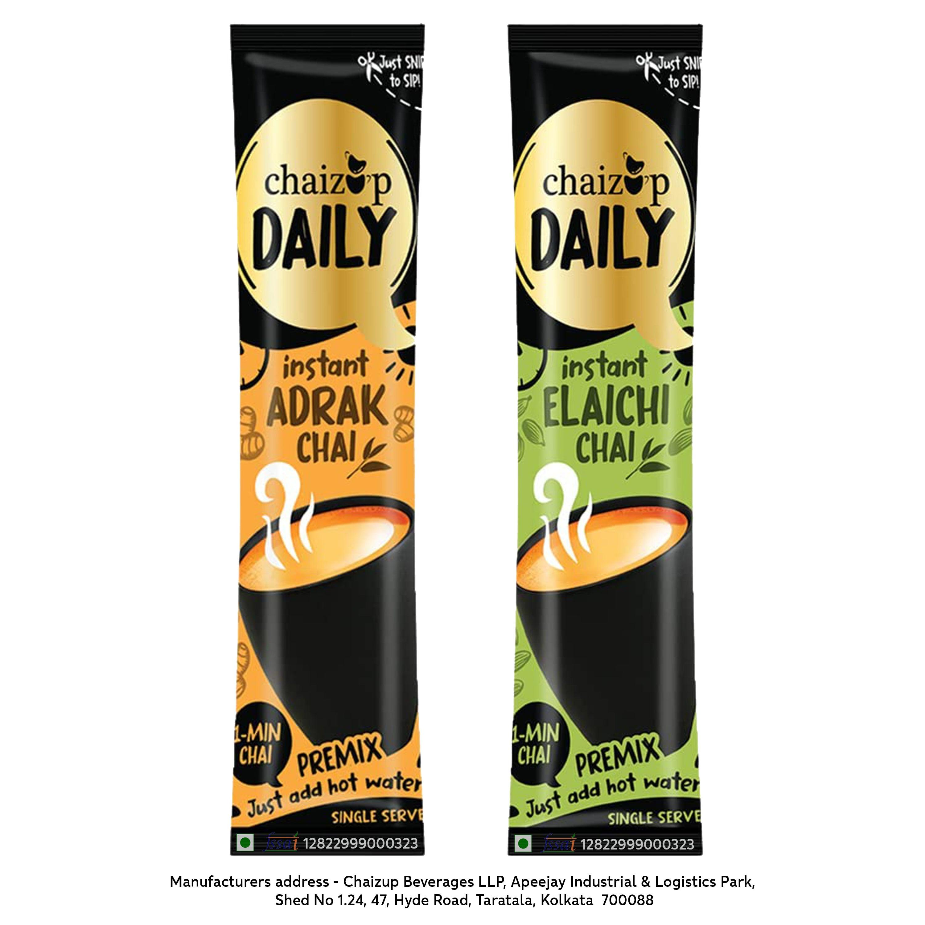Chaizup Daily 1 Min Instant Assorted Tea Pack - 40 Sachets | Elachi & Adrak Flavours | 40 Servings | 2 Packs (20 Sachets Each) | 280g