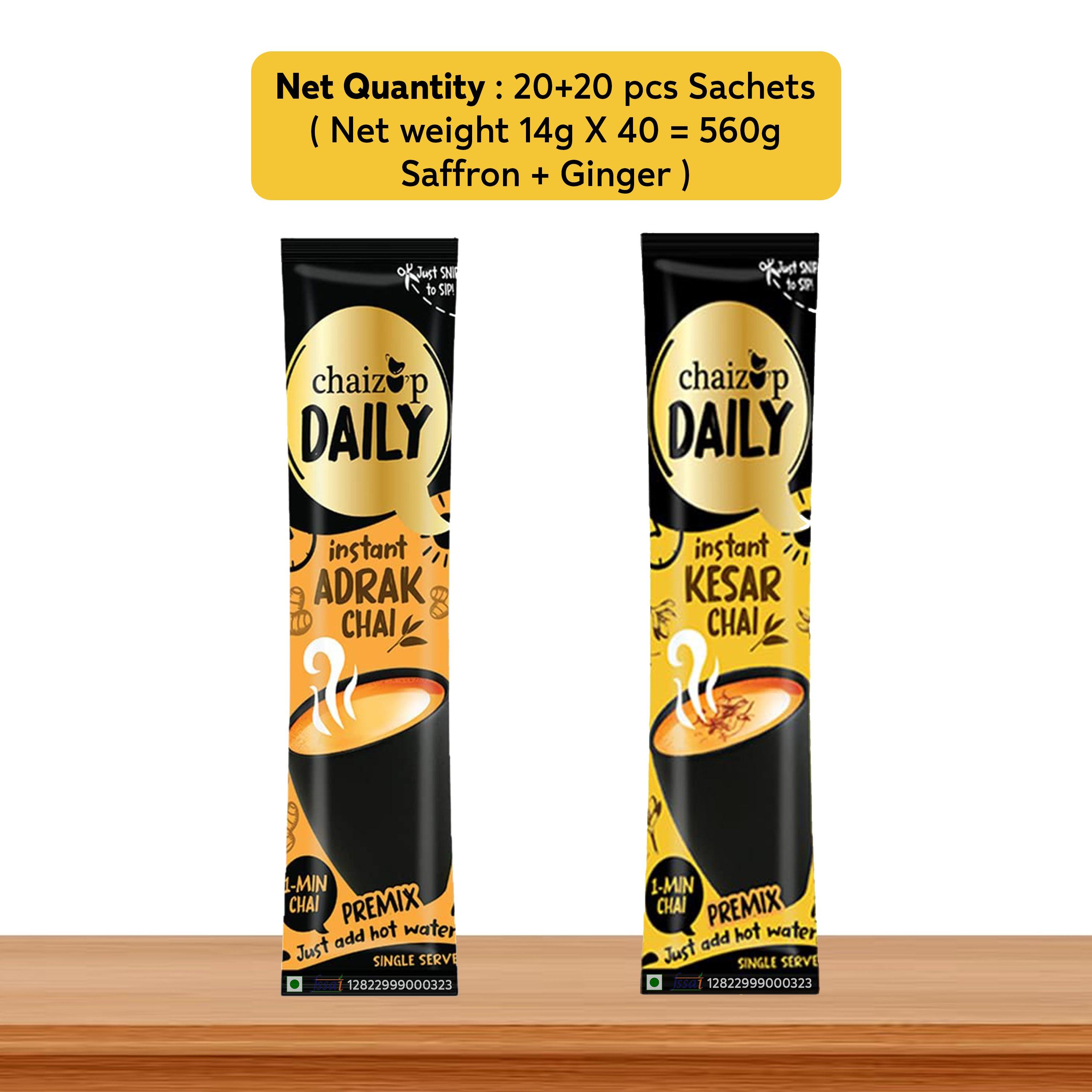 Chaizup Daily 1 Min Instant Assorted Tea Pack - 40 Sachets | Kesar & Adrak Flavours | 40 Servings | 2 Packs (20 Sachets Each) | 280g