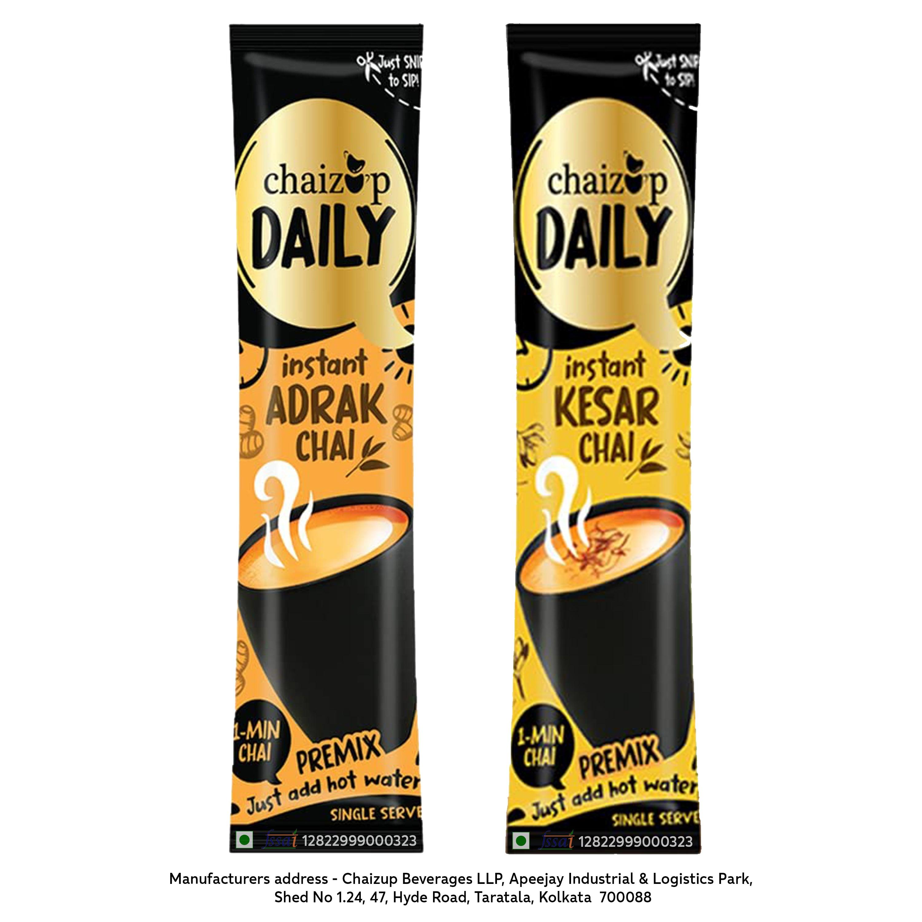 Chaizup Daily 1 Min Instant Assorted Tea Pack - 40 Sachets | Kesar & Adrak Flavours | 40 Servings | 2 Packs (20 Sachets Each) | 280g